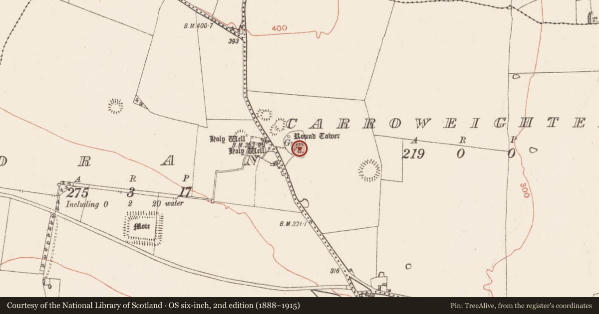 Ordnance Survey six-inch map, 2nd edition (1888–1915) covering the location of Earthwork, Carroweighter, County Roscommon, with a pin at the register's coordinates