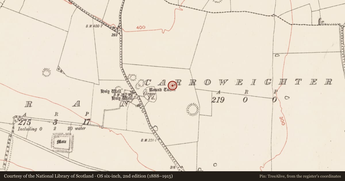 Ordnance Survey six-inch map, 2nd edition (1888–1915) covering the location of Enclosure, Carroweighter, County Roscommon, with a pin at the register's coordinates