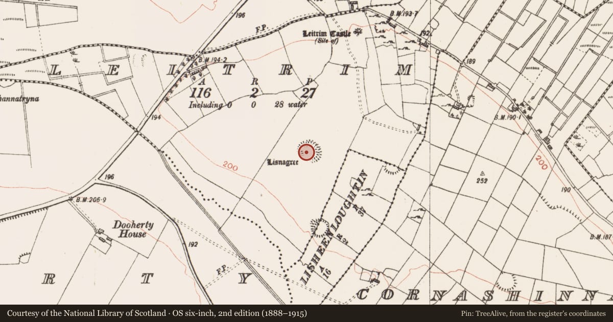 Ordnance Survey six-inch map, 2nd edition (1888–1915) covering the location of Ringfort - rath, Leitrim, County Roscommon, with a pin at the register's coordinates