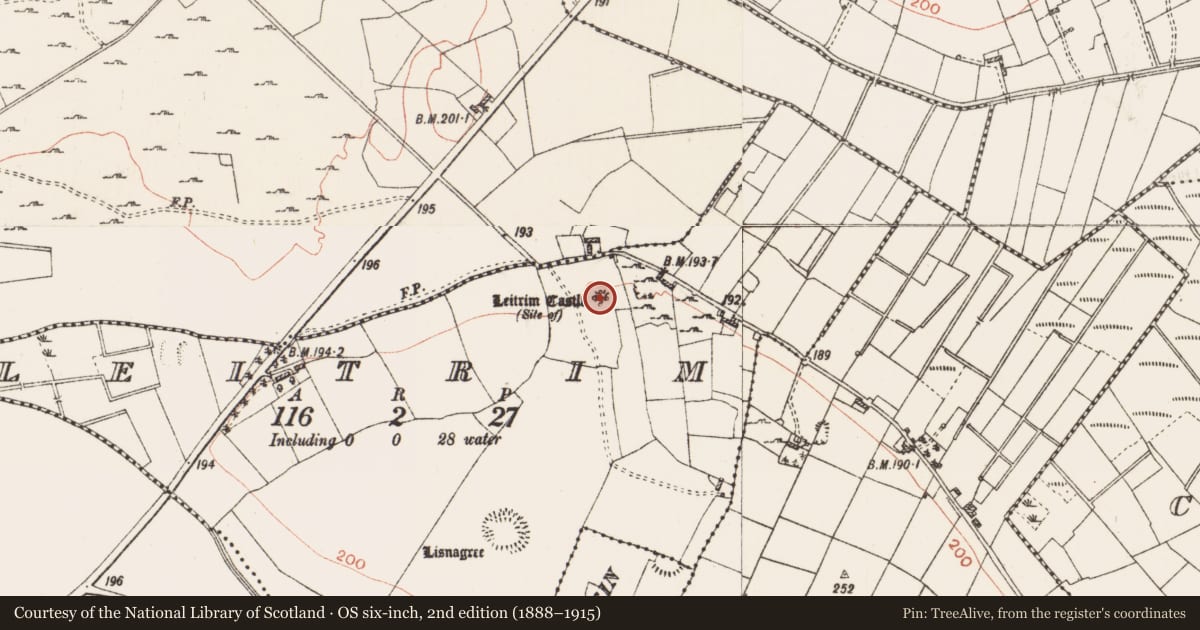 Ordnance Survey six-inch map, 2nd edition (1888–1915) covering the location of Castle - unclassified, Leitrim, County Roscommon, with a pin at the register's coordinates