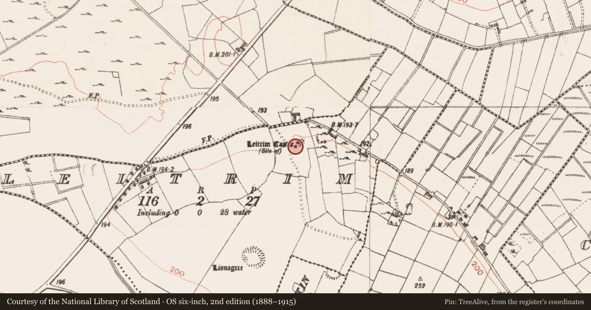 Ordnance Survey six-inch map, 2nd edition (1888–1915) covering the location of Bawn, Leitrim, County Roscommon, with a pin at the register's coordinates