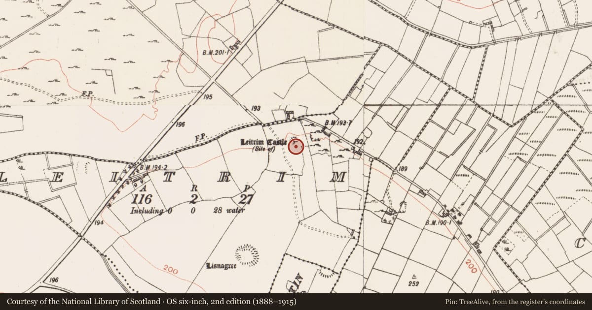 Ordnance Survey six-inch map, 2nd edition (1888–1915) covering the location of House - indeterminate date, Leitrim, County Roscommon, with a pin at the register's coordinates