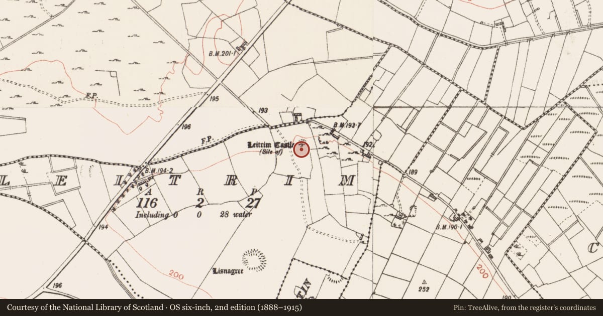 Ordnance Survey six-inch map, 2nd edition (1888–1915) covering the location of House - indeterminate date, Leitrim, County Roscommon, with a pin at the register's coordinates