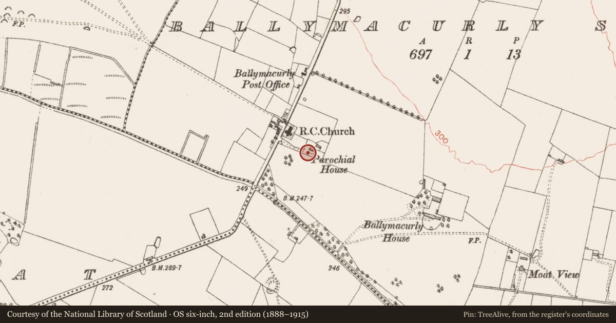 Ordnance Survey six-inch map, 2nd edition (1888–1915) covering the location of Ringfort - rath, Ballymacurly South, County Roscommon, with a pin at the register's coordinates