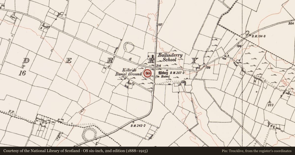 Ordnance Survey six-inch map, 2nd edition (1888–1915) covering the location of Church, Ballinderry, County Roscommon, with a pin at the register's coordinates