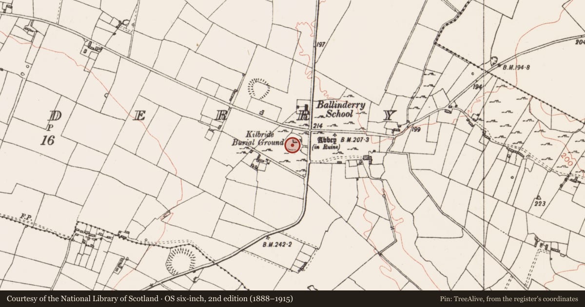 Ordnance Survey six-inch map, 2nd edition (1888–1915) covering the location of Graveyard, Ballinderry, County Roscommon, with a pin at the register's coordinates