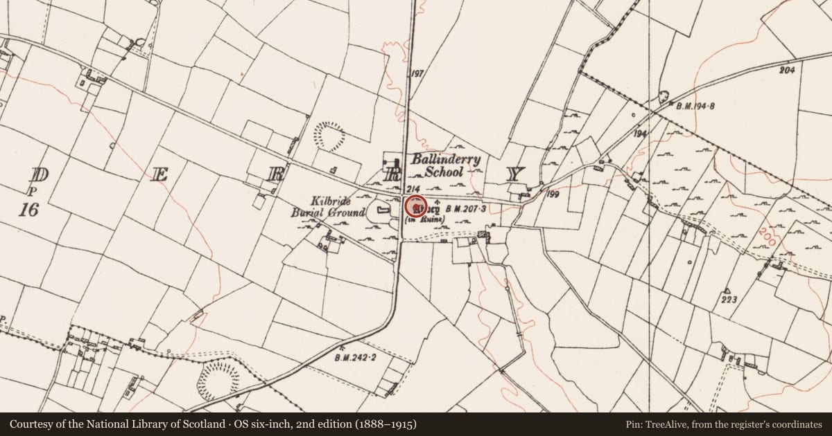 Ordnance Survey six-inch map, 2nd edition (1888–1915) covering the location of Settlement cluster, Ballinderry, County Roscommon, with a pin at the register's coordinates