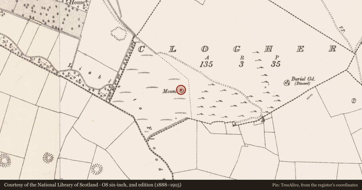 Ordnance Survey six-inch map, 2nd edition (1888–1915) covering the location of Crannog, Clogher, County Roscommon, with a pin at the register's coordinates