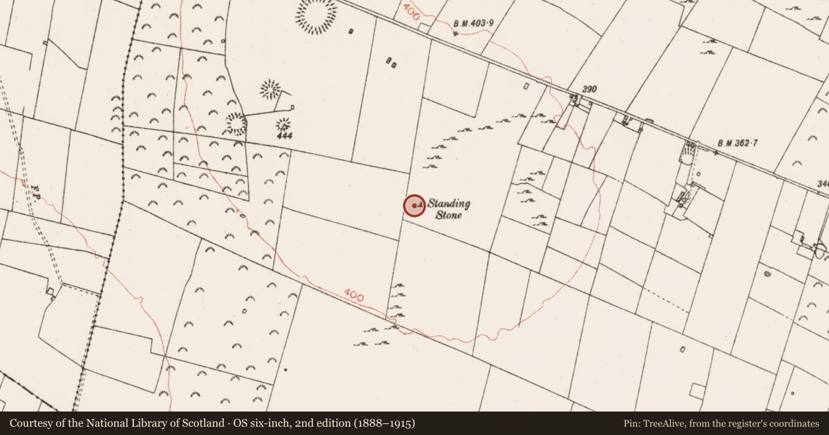 Ordnance Survey six-inch map, 2nd edition (1888–1915) covering the location of Standing stone, Mullymucks, County Roscommon, with a pin at the register's coordinates