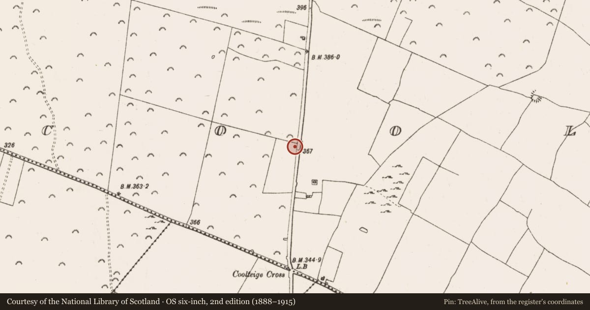 Ordnance Survey six-inch map, 2nd edition (1888–1915) covering the location of Battlefield, Coolteige, Mullymucks, County Roscommon, with a pin at the register's coordinates