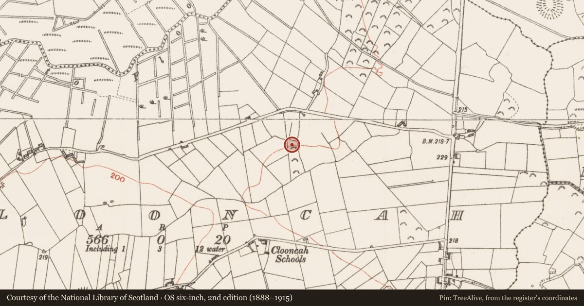 Ordnance Survey six-inch map, 2nd edition (1888–1915) covering the location of Earthwork, Clooncah, County Roscommon, with a pin at the register's coordinates