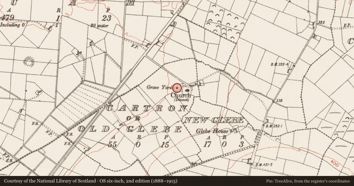 Ordnance Survey six-inch map, 2nd edition (1888–1915) covering the location of Church, Cartron Or Old Glebe, County Roscommon, with a pin at the register's coordinates