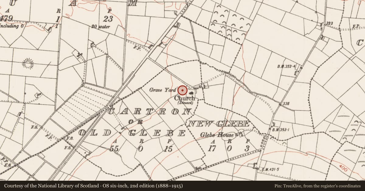Ordnance Survey six-inch map, 2nd edition (1888–1915) covering the location of Graveslab, Cartron Or Old Glebe, County Roscommon, with a pin at the register's coordinates