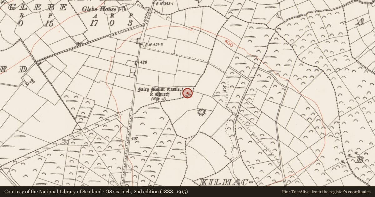 Ordnance Survey six-inch map, 2nd edition (1888–1915) covering the location of Barrow - bowl-barrow, Fairymount, County Roscommon, with a pin at the register's coordinates