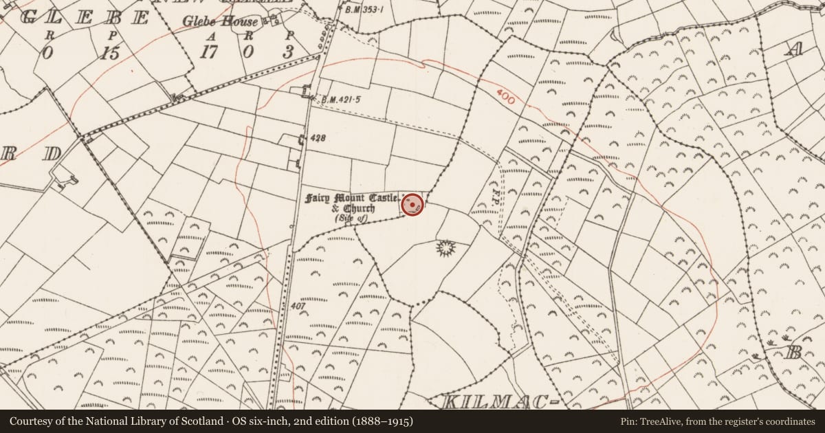Ordnance Survey six-inch map, 2nd edition (1888–1915) covering the location of Inscribed stone, Fairymount, County Roscommon, with a pin at the register's coordinates