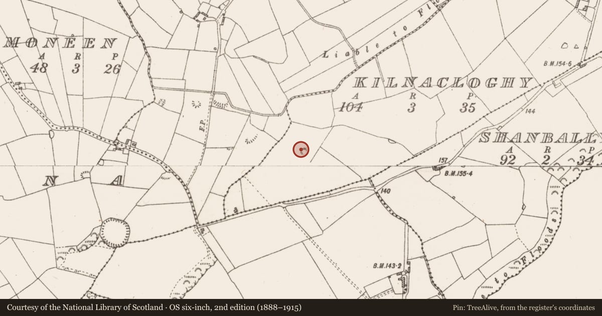Ordnance Survey six-inch map, 2nd edition (1888–1915) covering the location of Earthwork, Kilnacloghy, County Roscommon, with a pin at the register's coordinates