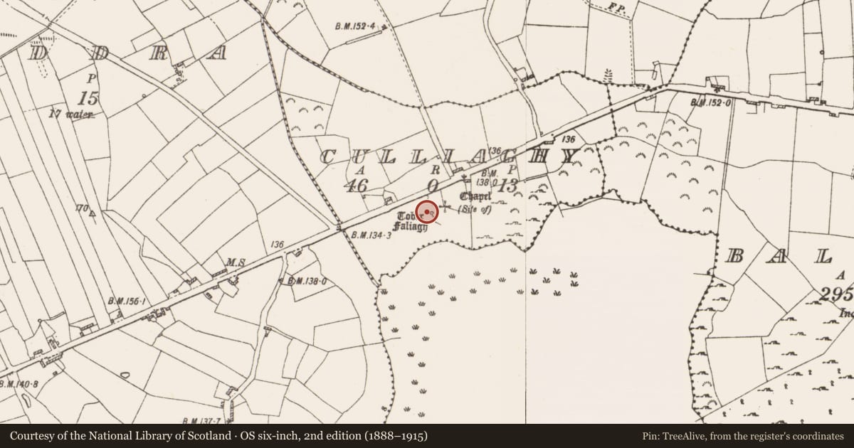 Ordnance Survey six-inch map, 2nd edition (1888–1915) covering the location of Ritual site - holy well, Culliaghy, County Roscommon, with a pin at the register's coordinates