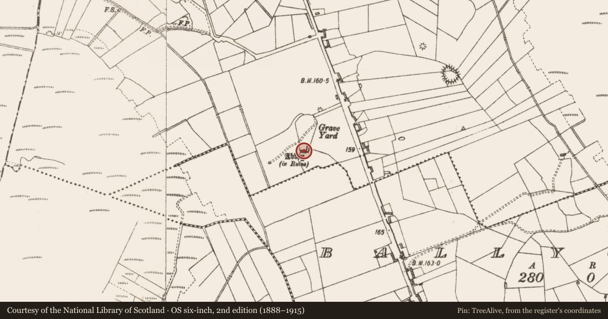 Ordnance Survey six-inch map, 2nd edition (1888–1915) covering the location of Religious house - Augustinian canons, Cloontuskert, County Roscommon, with a pin at the register's coordinates