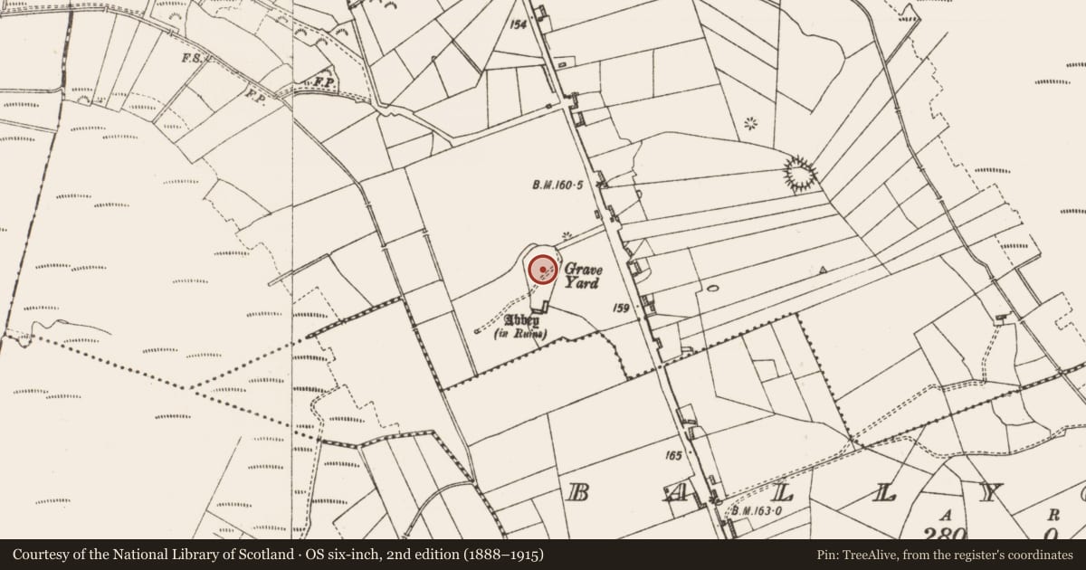 Ordnance Survey six-inch map, 2nd edition (1888–1915) covering the location of Graveyard, Cloontuskert, County Roscommon, with a pin at the register's coordinates