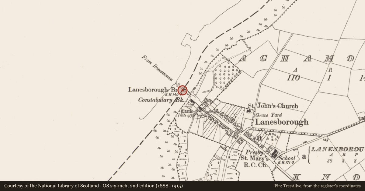 Ordnance Survey six-inch map, 2nd edition (1888–1915) covering the location of Bridge, Ballyleague, County Roscommon, with a pin at the register's coordinates