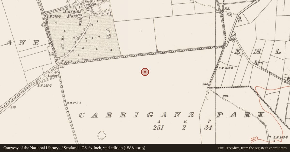 Ordnance Survey six-inch map, 2nd edition (1888–1915) covering the location of House - indeterminate date, Carrigans Park, County Roscommon, with a pin at the register's coordinates