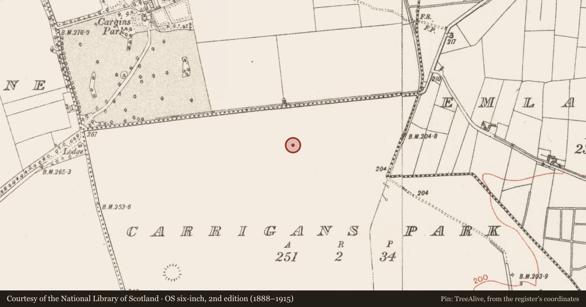 Ordnance Survey six-inch map, 2nd edition (1888–1915) covering the location of Field boundary, Carrigans Park, County Roscommon, with a pin at the register's coordinates