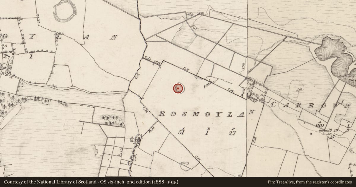Ordnance Survey six-inch map, 2nd edition (1888–1915) covering the location of Ringfort - rath, Rosmoylan, County Roscommon, with a pin at the register's coordinates