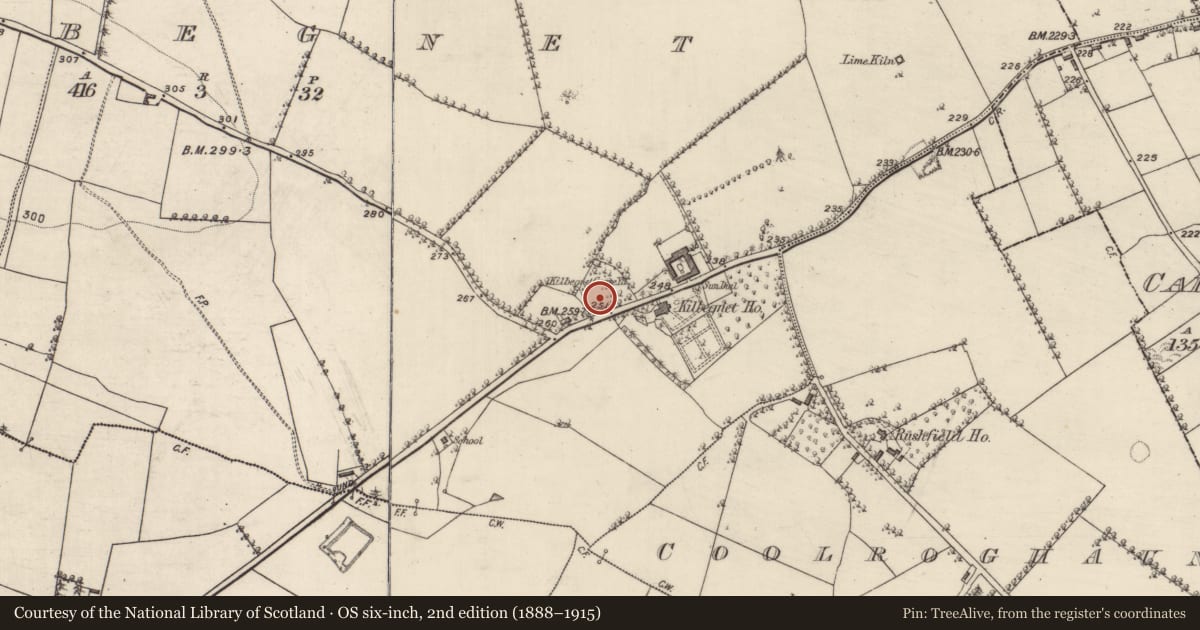 Ordnance Survey six-inch map, 2nd edition (1888–1915) covering the location of Graveyard, Kilbegnet, County Roscommon, with a pin at the register's coordinates