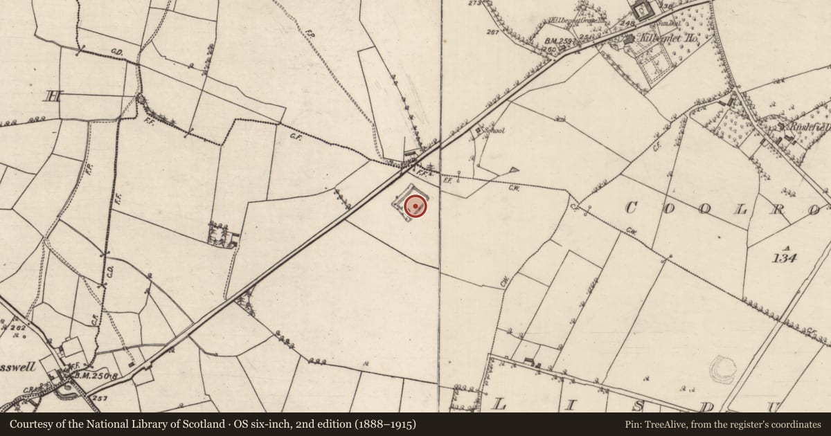 Ordnance Survey six-inch map, 2nd edition (1888–1915) covering the location of Moated site, Garraun North, County Roscommon, with a pin at the register's coordinates
