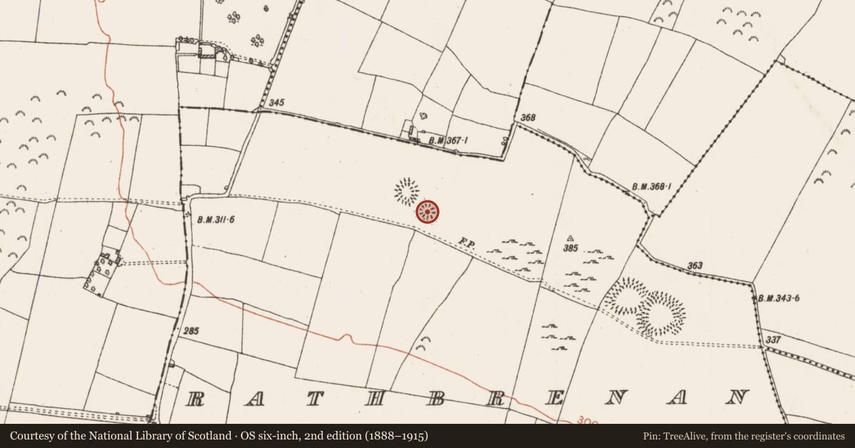Ordnance Survey six-inch map, 2nd edition (1888–1915) covering the location of Ringfort - rath, Rathbrenan, County Roscommon, with a pin at the register's coordinates