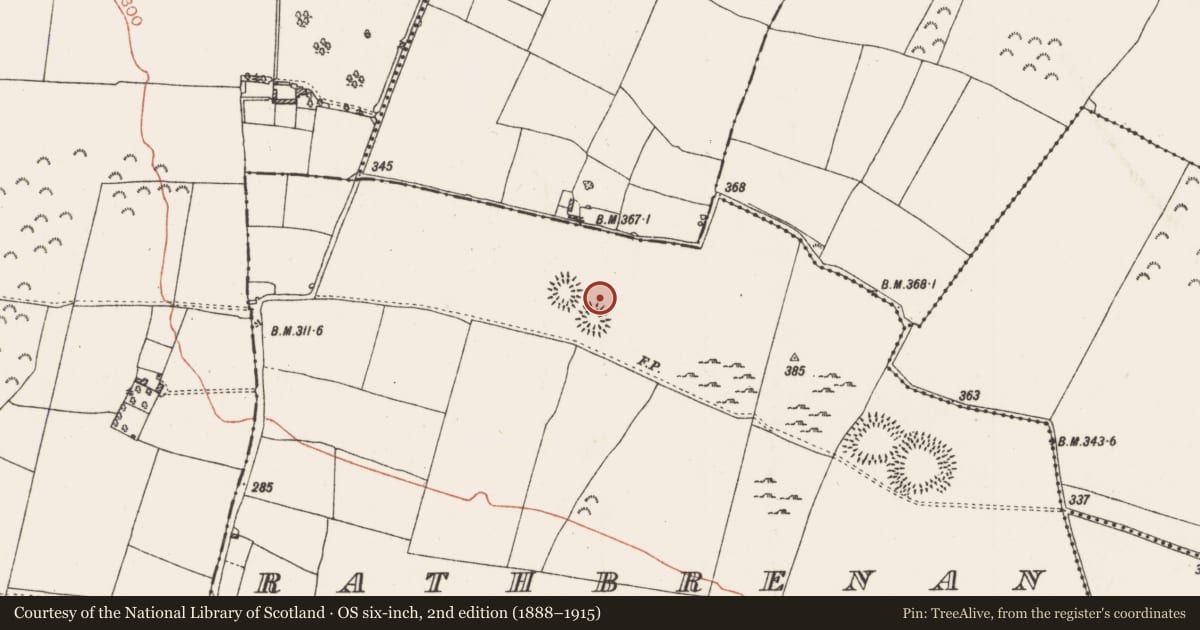 Ordnance Survey six-inch map, 2nd edition (1888–1915) covering the location of Enclosure, Rathbrenan, County Roscommon, with a pin at the register's coordinates