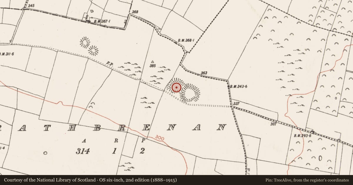 Ordnance Survey six-inch map, 2nd edition (1888–1915) covering the location of Ringfort - rath, Rathbrenan, County Roscommon, with a pin at the register's coordinates