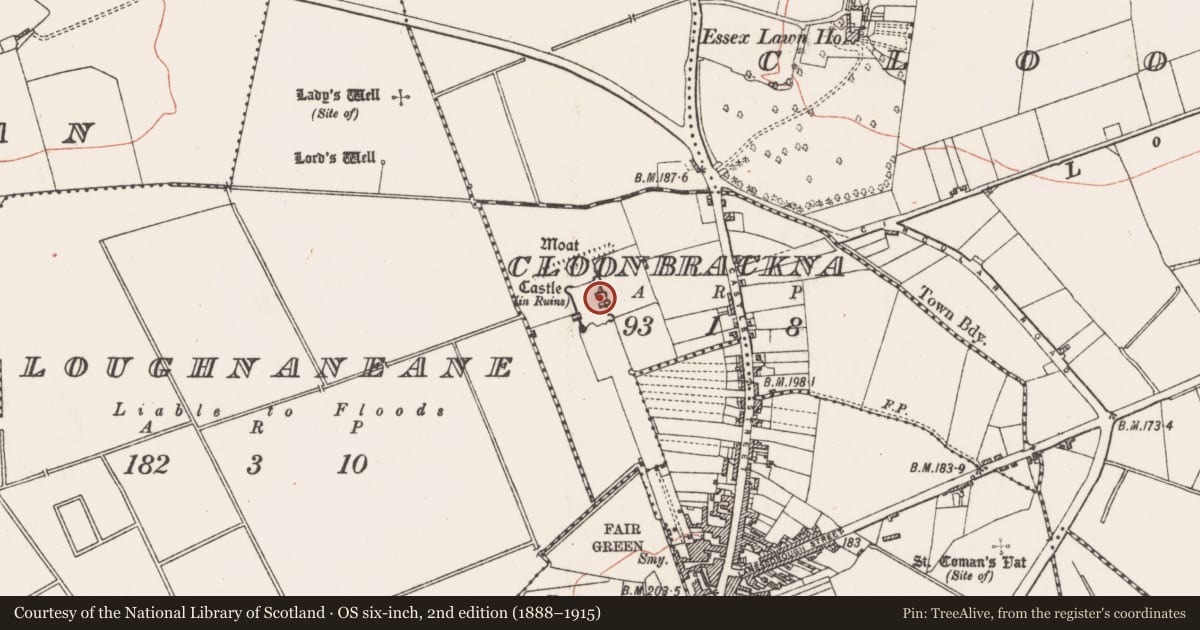 Ordnance Survey six-inch map, 2nd edition (1888–1915) covering the location of Castle - Anglo-Norman masonry castle, Cloonbrackna, County Roscommon, with a pin at the register's coordinates