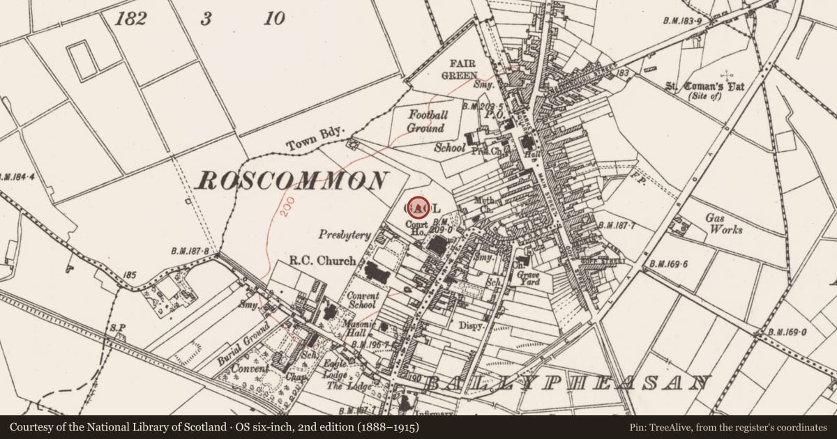 Ordnance Survey six-inch map, 2nd edition (1888–1915) covering the location of Prison, Ardnanagh, Ballypheasan, County Roscommon, with a pin at the register's coordinates