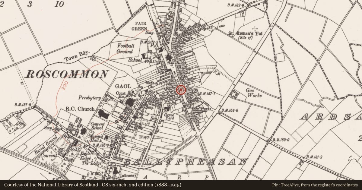 Ordnance Survey six-inch map, 2nd edition (1888–1915) covering the location of Gatehouse, Ardnanagh, Ballypheasan, County Roscommon, with a pin at the register's coordinates