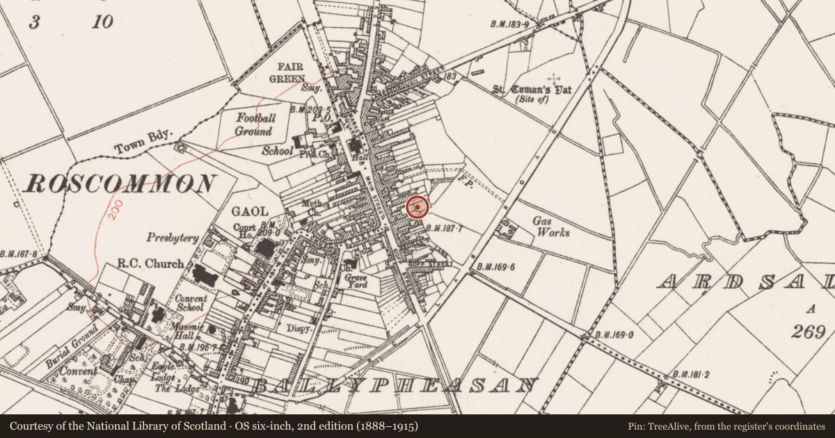 Ordnance Survey six-inch map, 2nd edition (1888–1915) covering the location of Crucifixion plaque, Ballypheasan, County Roscommon, with a pin at the register's coordinates