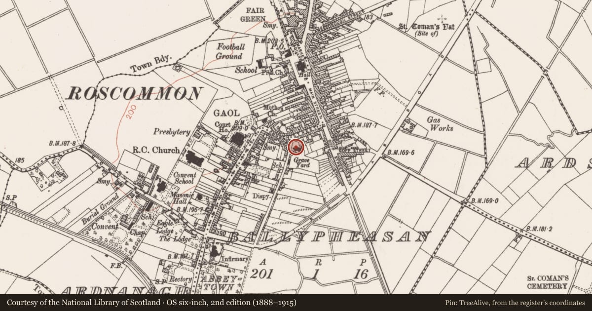 Ordnance Survey six-inch map, 2nd edition (1888–1915) covering the location of Religious house - Augustinian canons, Ballypheasan, County Roscommon, with a pin at the register's coordinates