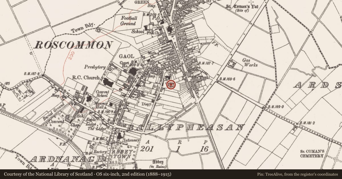 Ordnance Survey six-inch map, 2nd edition (1888–1915) covering the location of Graveyard, Ballypheasan, County Roscommon, with a pin at the register's coordinates