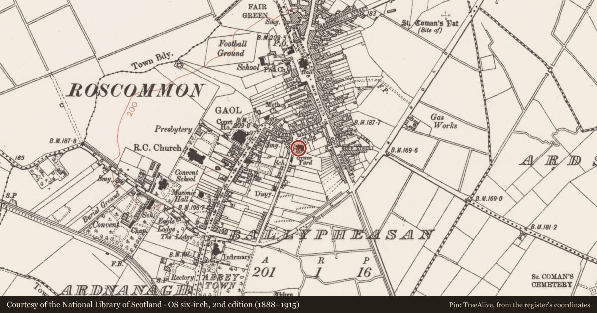 Ordnance Survey six-inch map, 2nd edition (1888–1915) covering the location of Architectural fragment, Ballypheasan, County Roscommon, with a pin at the register's coordinates