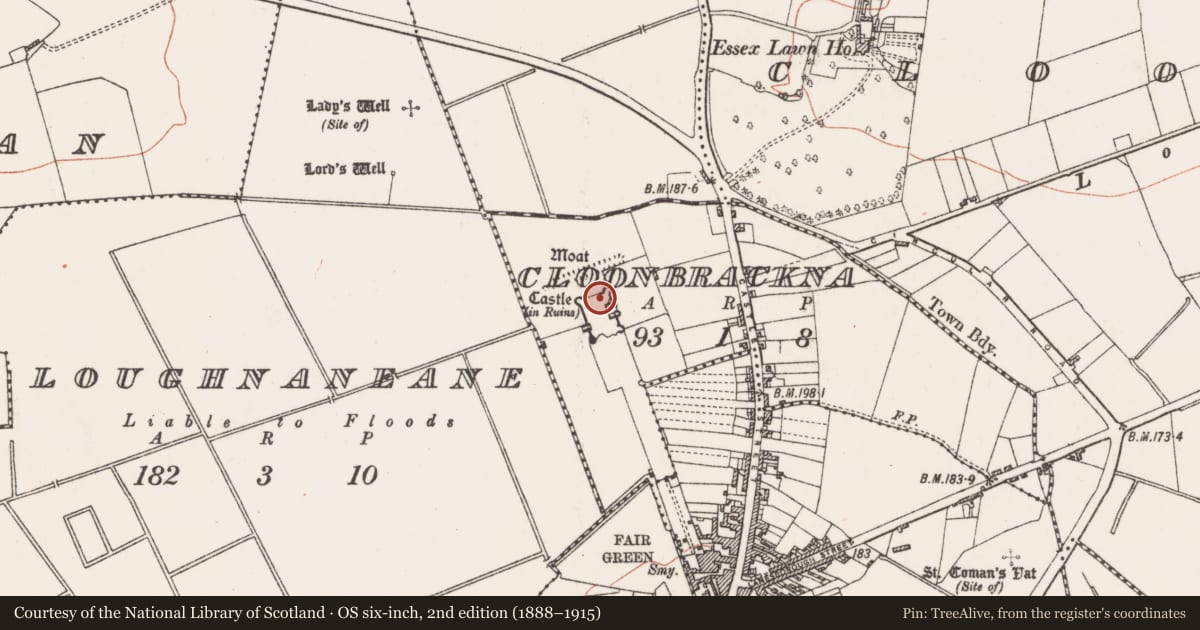 Ordnance Survey six-inch map, 2nd edition (1888–1915) covering the location of House - fortified house, Cloonbrackna, County Roscommon, with a pin at the register's coordinates