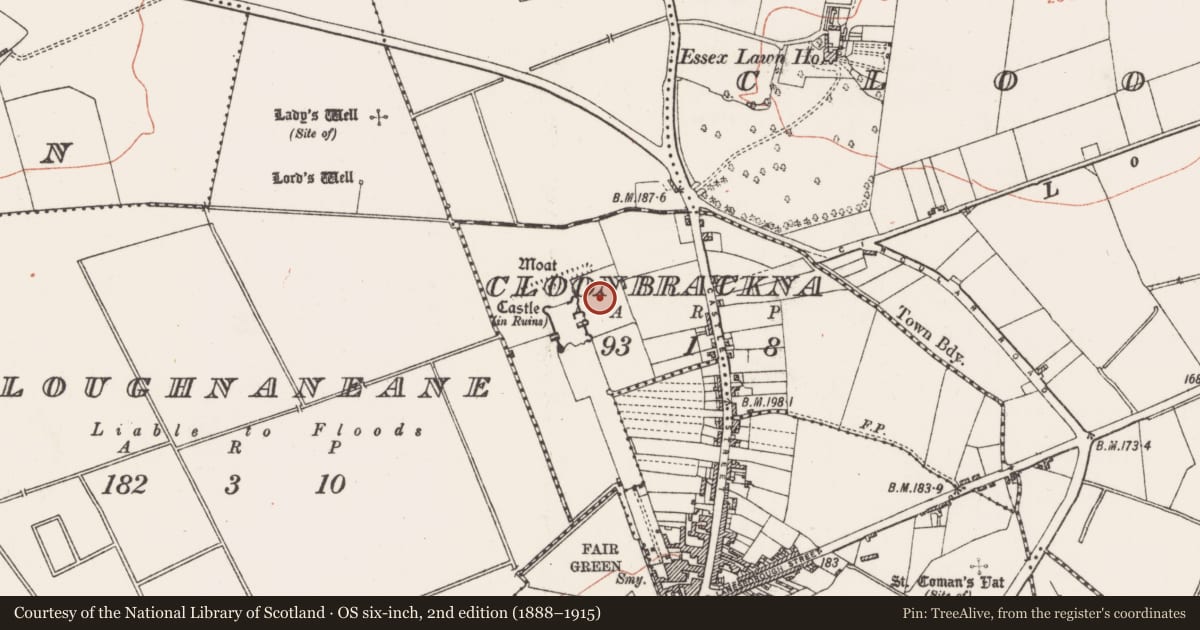 Ordnance Survey six-inch map, 2nd edition (1888–1915) covering the location of Walled garden, Cloonbrackna, County Roscommon, with a pin at the register's coordinates