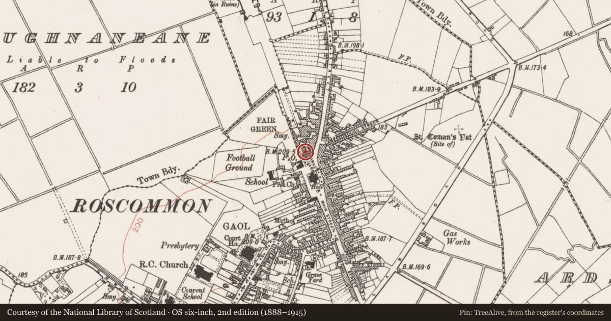 Ordnance Survey six-inch map, 2nd edition (1888–1915) covering the location of Prison, Ballypheasan, County Roscommon, with a pin at the register's coordinates