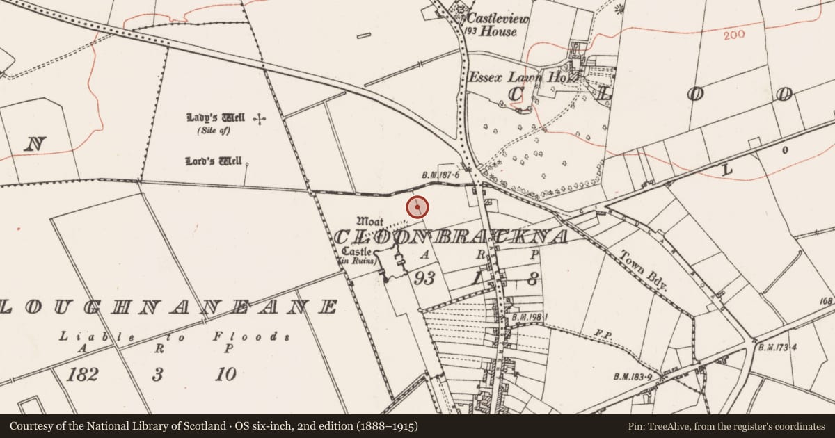 Ordnance Survey six-inch map, 2nd edition (1888–1915) covering the location of Walled garden, Cloonbrackna, County Roscommon, with a pin at the register's coordinates