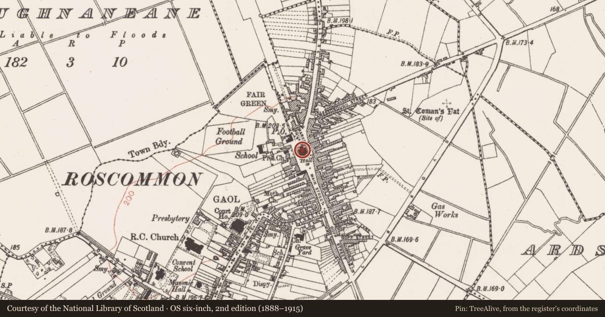 Ordnance Survey six-inch map, 2nd edition (1888–1915) covering the location of Market-house, Ballypheasan, County Roscommon, with a pin at the register's coordinates