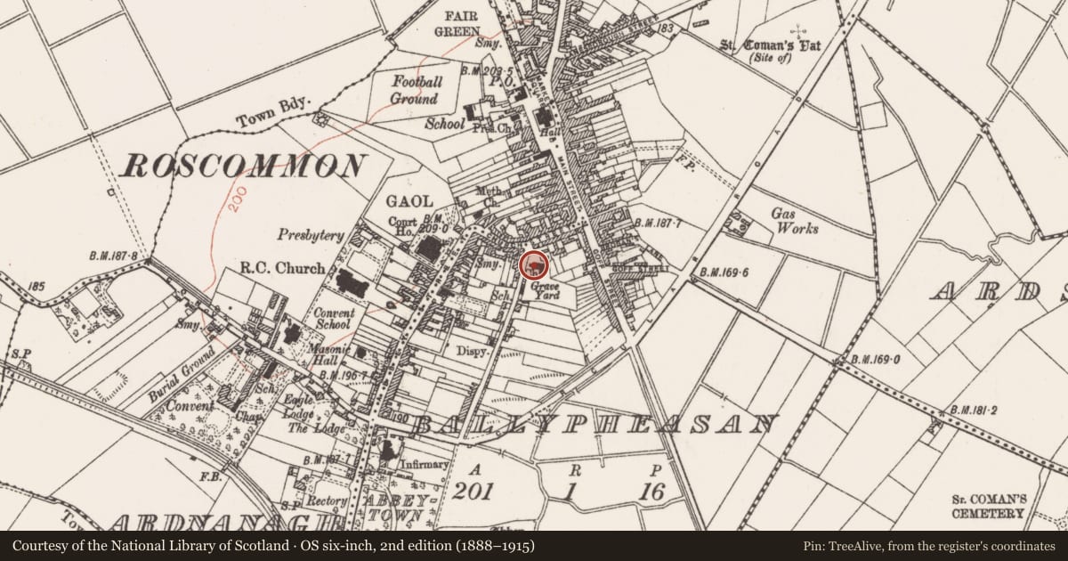Ordnance Survey six-inch map, 2nd edition (1888–1915) covering the location of Cross-slab, Ballypheasan, County Roscommon, with a pin at the register's coordinates