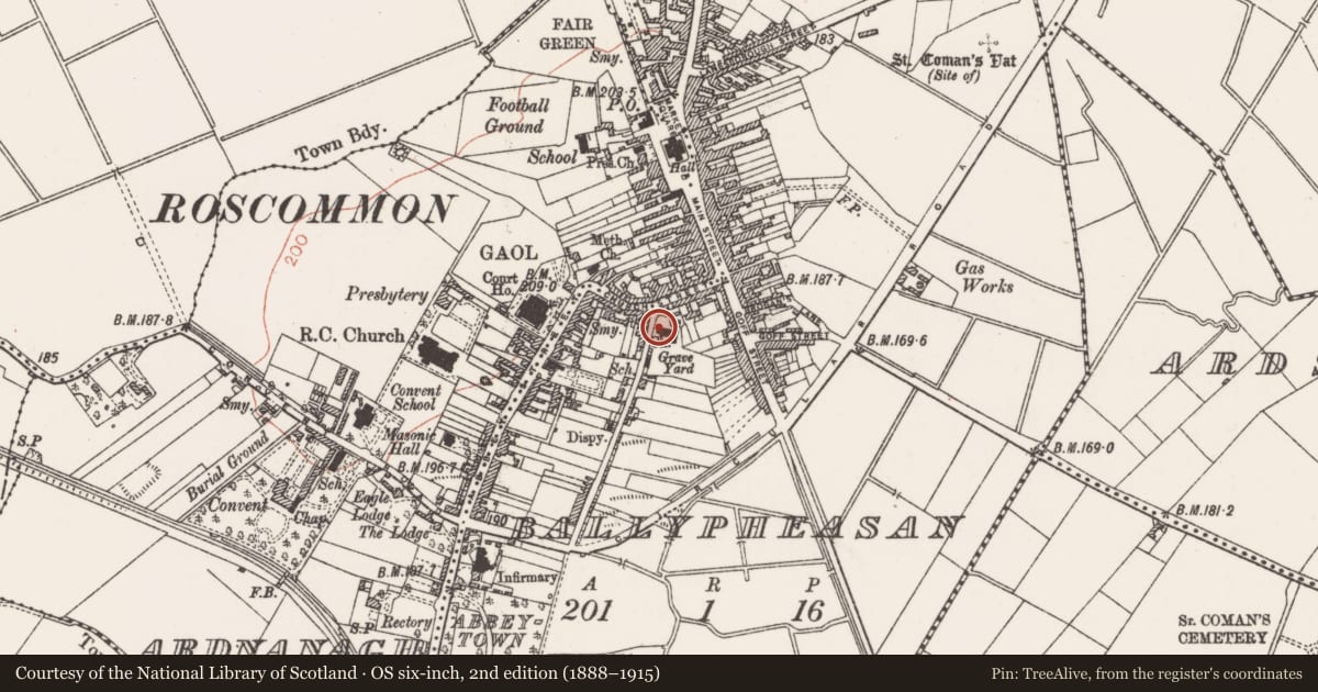 Ordnance Survey six-inch map, 2nd edition (1888–1915) covering the location of Memorial stone, Ballypheasan, County Roscommon, with a pin at the register's coordinates