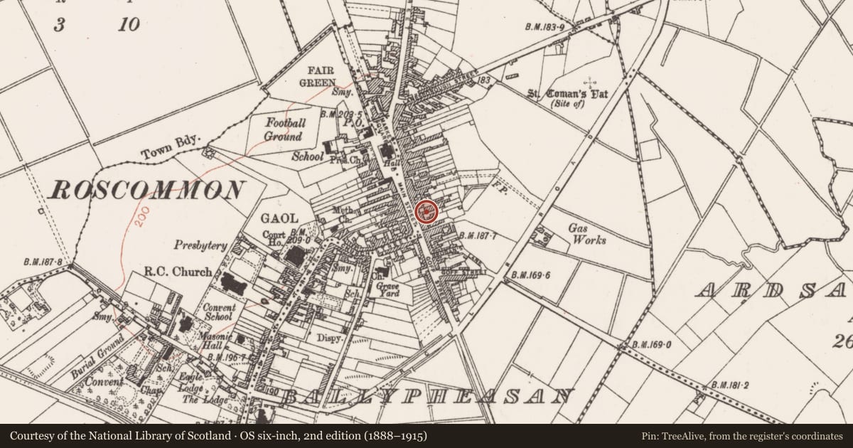 Ordnance Survey six-inch map, 2nd edition (1888–1915) covering the location of Kiln - lime, Ballypheasan, County Roscommon, with a pin at the register's coordinates