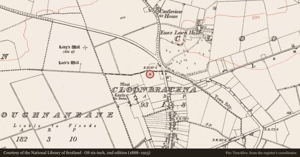 Ordnance Survey six-inch map, 2nd edition (1888–1915) covering the location of Road - road/trackway, Cloonbrackna, County Roscommon, with a pin at the register's coordinates