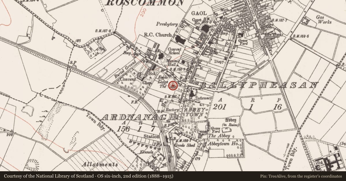Ordnance Survey six-inch map, 2nd edition (1888–1915) covering the location of Burial, Ardnanagh, County Roscommon, with a pin at the register's coordinates