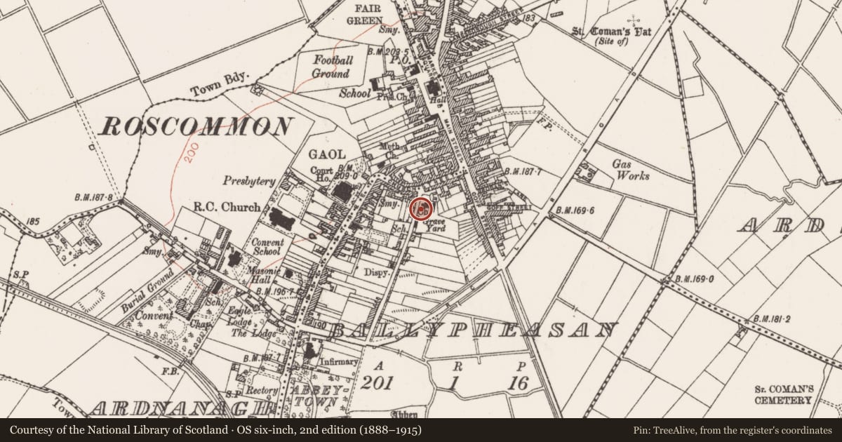Ordnance Survey six-inch map, 2nd edition (1888–1915) covering the location of Cross, Ballypheasan, County Roscommon, with a pin at the register's coordinates